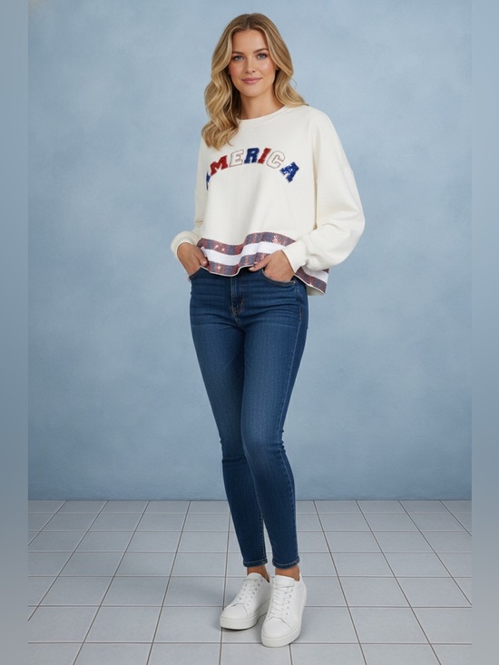 Mandalay and Co. Sweaters - THE AMERICANA CREW LONG SLEEVE SEQUIN CROP PULLOVER SWEATER
White